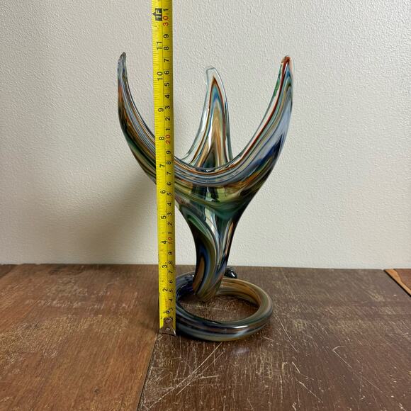 MCM Vintage Blue Green Murano Style Stretched Serpentine Vase Blown Art‎ Glass - Picture 5 of 9
